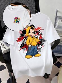 Officially Licensed Disney Mickey Mouse Graffiti Street Art Graphic T‑Shirts For Men 100% Cotton Short Sleeve Crew Neck Hip Hop Urban Oversized Streetwear Tee Spray Paint Cartoon Print Summer Casual Daily Citywear Outfit - trắng - Xem 2