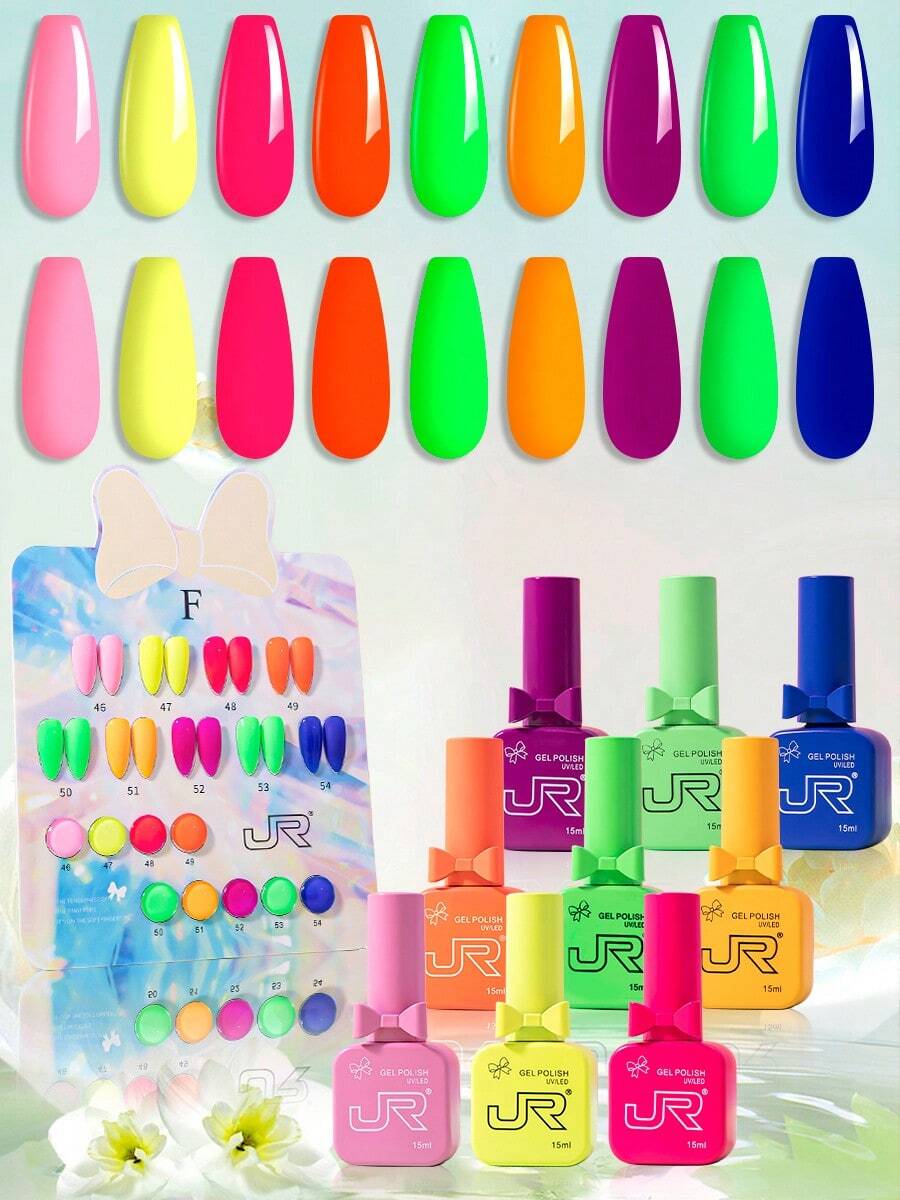 JR 9pcs/Set 15ml Colored Nail Gel Polish, Valentine's Day Bow Bottle & Cap, Soak Off UV LED Gel, Gift For Girls Nails - Multicolor - View 1