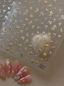 1张金色海洋美甲贴纸，金属水母贝壳和海星图案，夏季自粘美甲贴花 - 金色 - 查看 2