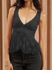 Women Summer Sleeveless Lace Floral Tank Tops V Neck Sheer Mesh Embroidered Ruffle Hem Tops Y2K Night Out Shirts - Black - View 4