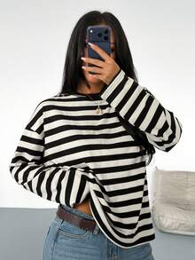 SDNGED Women's Casual Top, Striped Color Block Ribbed Fabric, Everyday Wear Spring/Autumn - Black Apricot Wide Stripes - View 11