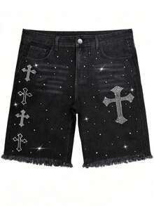 Shorts vaqueros de hombre con patrón de cruz de strass negros, shorts bermudas rectos y sueltos, estilo streetwear - Negro - Ver 2
