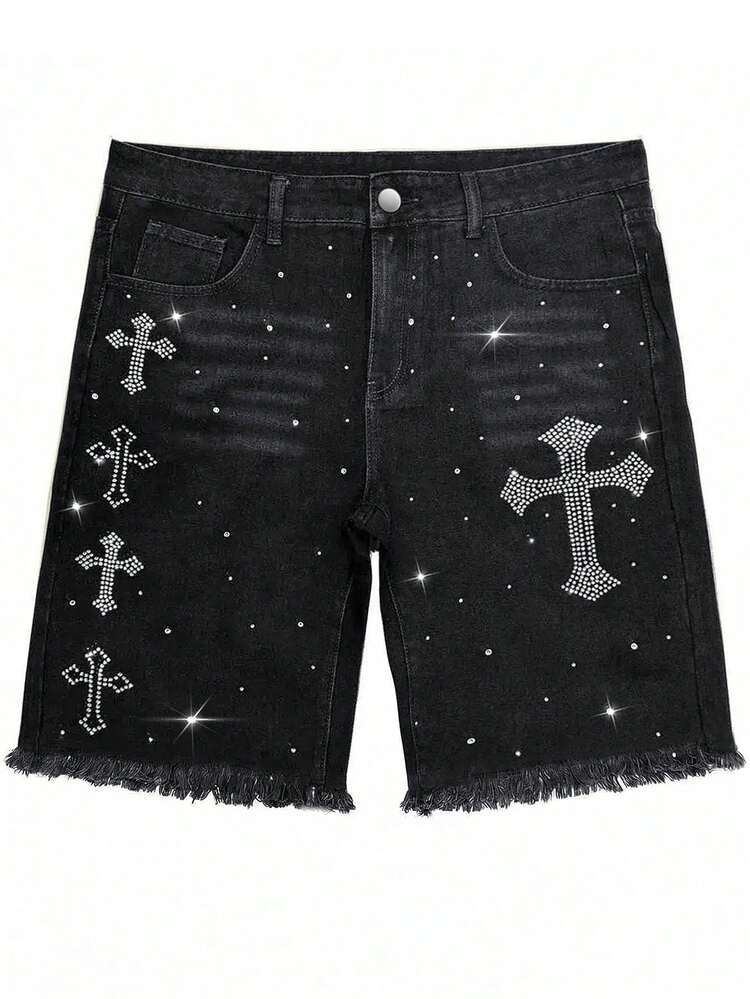 Men's Black Rhinestone Cross Pattern Denim Shorts, Loose Straight