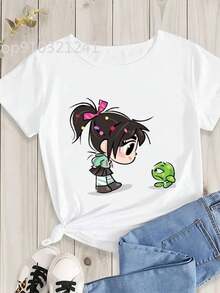 Women's Short Sleeve T-Shirt With Kawaii Frog Princess Graphic Design - White Summer T-Shirt With Sparkly Details, Machine Washable, Casual Top, Princess Themed Clothing | Top With Sparkly Details | Soft Texture T-Shirt - 白色 - 查看 1