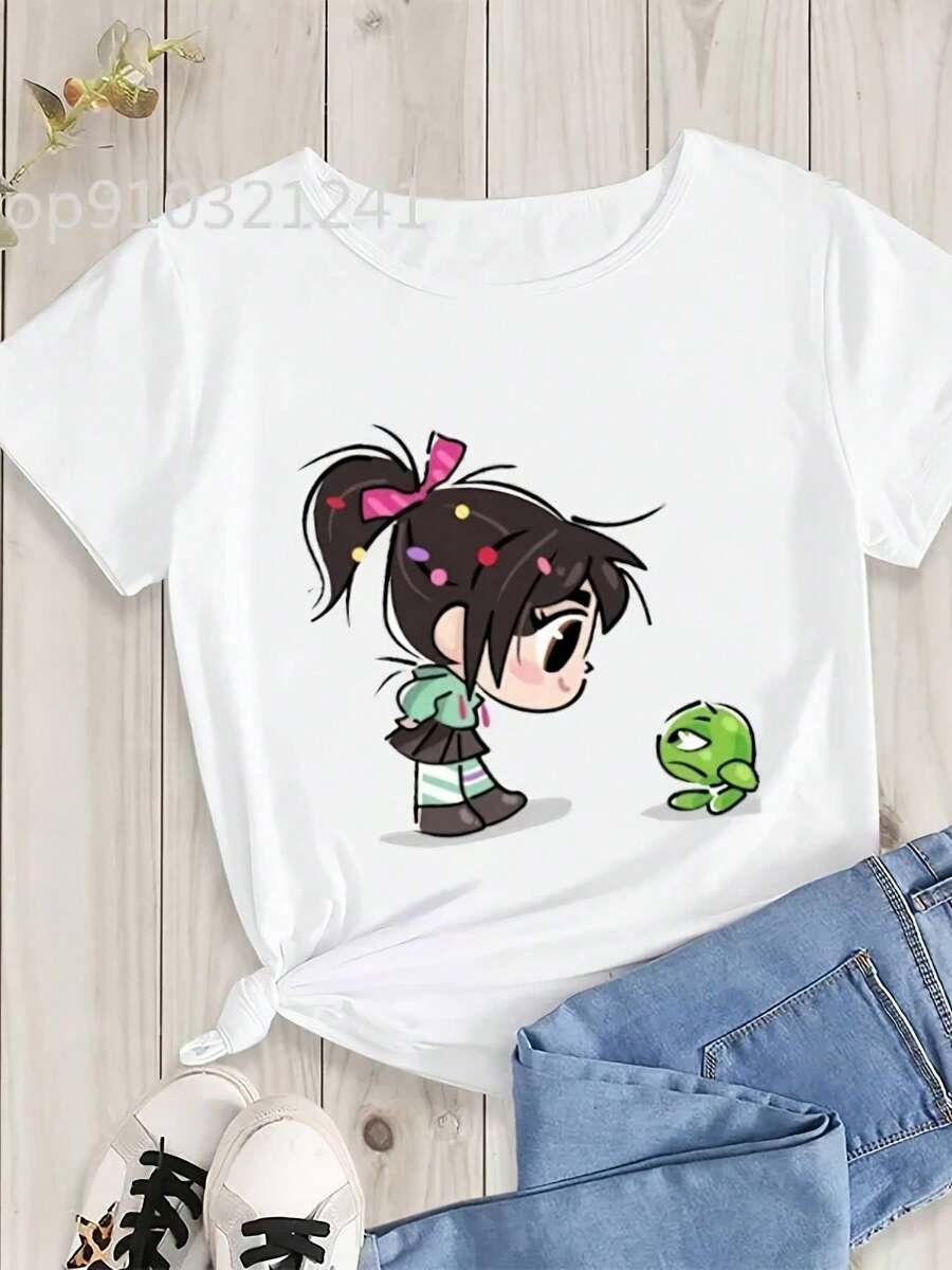 Women's Short Sleeve T-Shirt With Kawaii Frog Princess Graphic Design - White Summer T-Shirt With Sparkly Details, Machine Washable, Casual Top, Princess Themed Clothing | Top With Sparkly Details | Soft Texture T-Shirt - 白色 - 查看 1