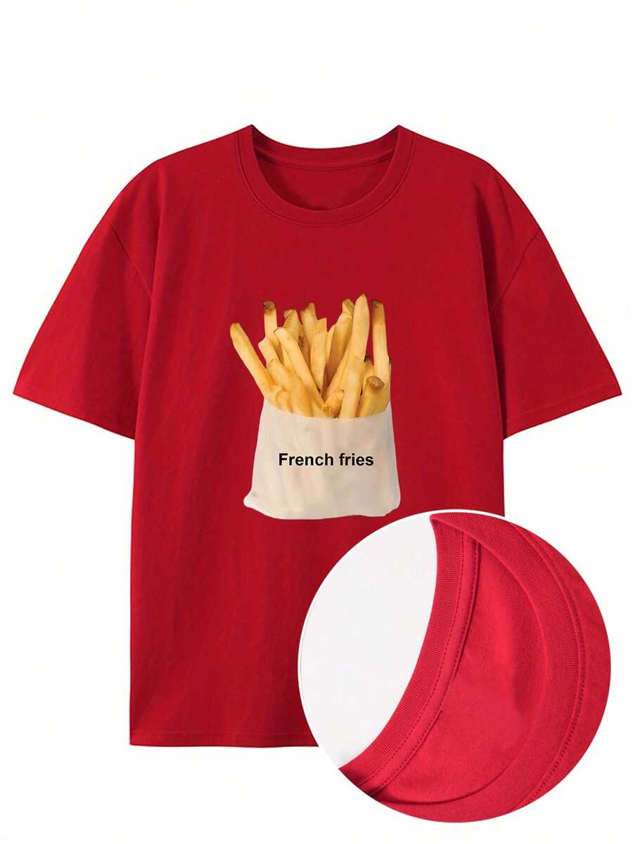 Men's Cotton T-Shirt With Vintage Style And Creative French Fries Print - Casual Round Neck, Short Sleeve For Summer - [紅色的] - 查看 1
