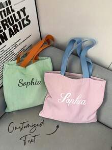 Customizable Name Striped Tote Bag, Showcases Unique Style, Personalized Letter Striped Shoulder Bag, Solid Color Zipper Canvas Bag, Large Capacity Casual Bag, Multi-Color Shoulder Strap, Suitable For Travel, Students, Vacation, Outings, Mother's Day Gift, Etc. - Multicolor - View 6