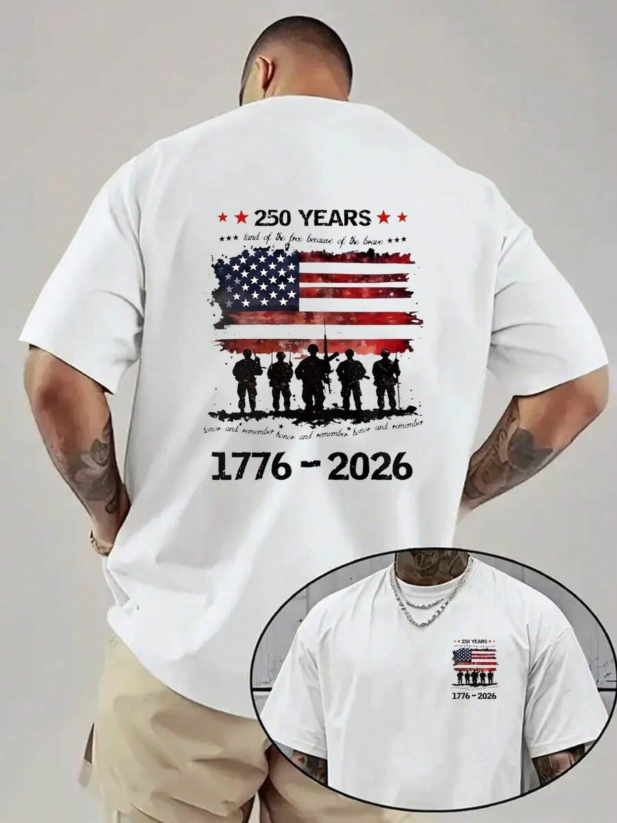 New Men's 180gsm Cotton T-Shirt With A Relaxed Fit And Dropped Shoulders, Featuring A Print Commemorating The 250th Anniversary Of The United States And Veterans Day. This Short-Sleeved Men's T-Shirt Has Printed Designs On The Front And Back, Making It A Stylish And Versatile Piece Suitable For Layering In Spring And Fall Or Wearing On Its Own In Summer. Unisex Style. - 白色 - 查看 1