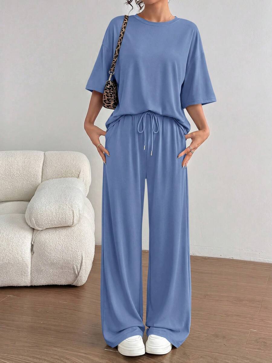 PRETTYGARDEN Women's Summer Clothes 2 Piece Sets Lounge For Short Sleeve Matching Airport Travel Outfits Casual Gray Blue Vacation Summer Brunch Outfits For Women Mothers Day Outfit - 灰藍色 - 查看 1