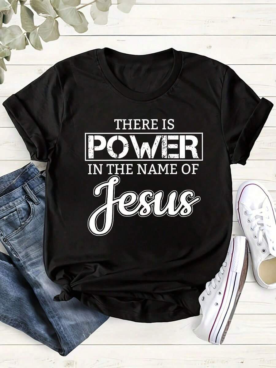 Camiseta de manga corta con cuello redondo para mujer, estampado de letras, versátil, informal y para uso diario, camisetas de mujer, camisetas gráficas, tops de mujer, camisetas de verano, camisetas casuales, blusas elegantes para dama. - Negro - Ver 1