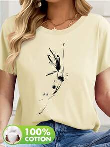 100% Cotton Short-Sleeved T-Shirt With Soft Feather Print, A Must-Have Item For Everyday Summer Wear, Perfect For Beach And Seaside Holidays, The Fabric Is Comfortable, Elegant Blouses For Ladies. - 杏色 - 查看 1