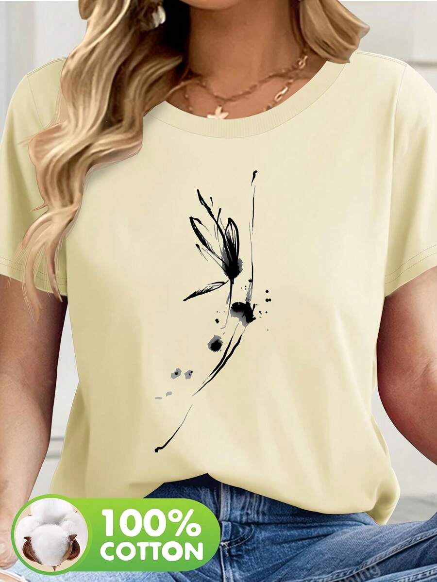 100% Cotton Short-Sleeved T-Shirt With Soft Feather Print, A Must-Have Item For Everyday Summer Wear, Perfect For Beach And Seaside Holidays, The Fabric Is Comfortable, Elegant Blouses For Ladies. - 杏色 - 查看 1
