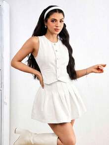 Vestido de mezclilla mini con plisados sin mangas y de estilo de moda para mujer, verano - Blanco - Ver 5