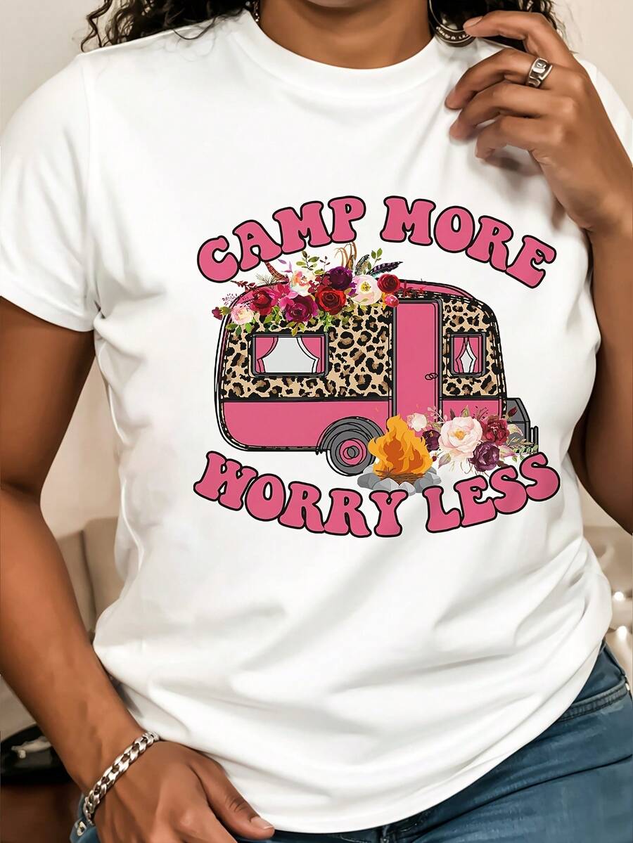 Women's White Printed T-Shirt - CAMP MORE WORRY LESS, Vintage Camper And Flower Print, Short Sleeve Crew Neck T-Shirt, Soft And Stretchy, Suitable For Summer Camps, Daily Travel And Casual Wear, Camp Accessory, Weekend Outfit, Loose Fit, Breathable Material - Unisex Short Sleeve Crew Neck Cotton T-Shirt, Urban Vintage Style. - 白色 - 查看 1