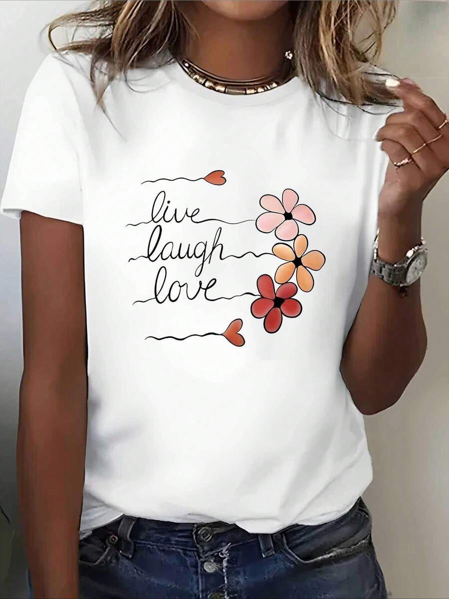 Summer T-Shirt With Floral Print, Black And White Fabric, Regular Fit, Harajuku Style, Aesthetic Casual Clothing - Vintage Urban Style, Unisex, Loose Fit Cotton Short Sleeve Crew Neck T-Shirt - 白色 - 查看 1