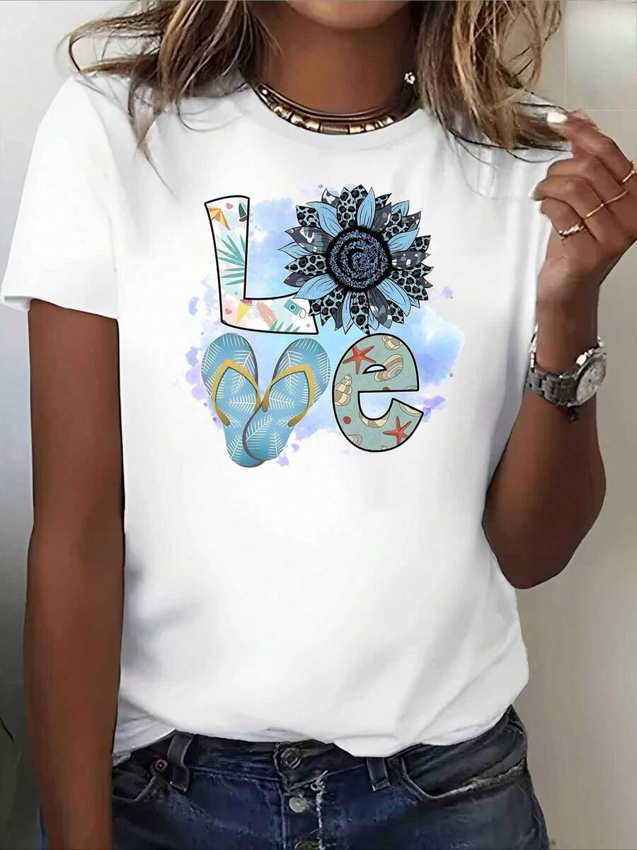 Summer T-Shirt With A Black And White Love Letter Print. Regular Fit And Stretchy, Perfect For Everyday Wear. Urban Vintage Style, Unisex, Loose Fit, Cotton, Short Sleeves, And Crew Neck. - 白色 - 查看 1