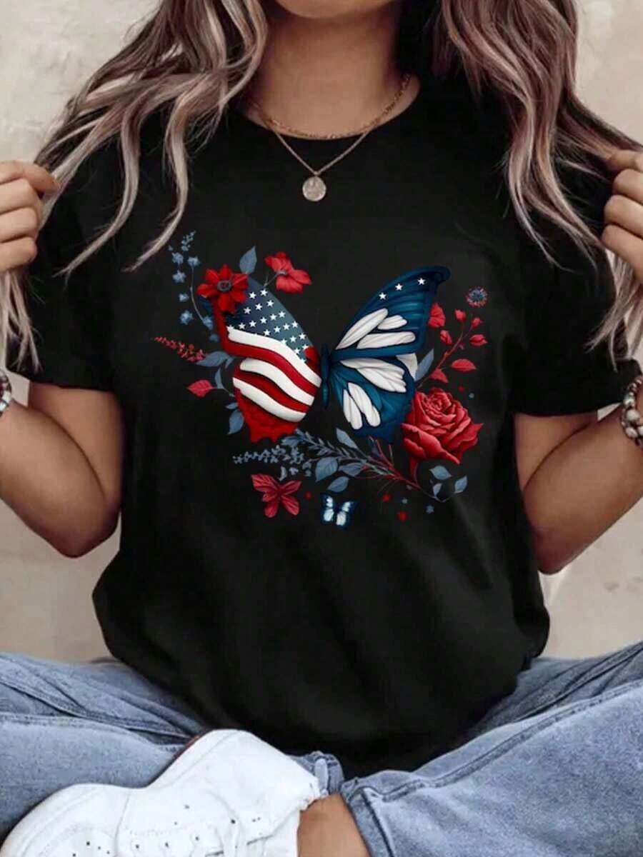 Women's T-Shirt With Floral Butterfly And American Flag Design, Patriotic For Independence Day, July 4th, Casual Summer Style, Fashion Graphic T-Shirt, 220g - Urban Vintage Style, Unisex, 100% Pure Cotton, Short Sleeve, Round Neck. - 黑色 - 查看 1
