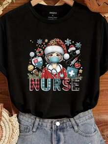 Women's T-Shirts With Christmas Cupcake Graffiti Print 2026, Casual Round Neck Short Sleeve T-Shirts, Korean Summer Fashion, Cotton Tops For Ladies, Cool Summer Clothes For Women - 黑色 1 - 查看 1