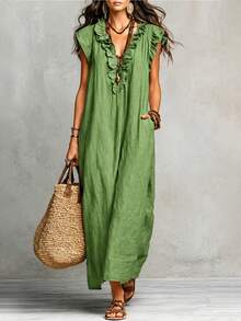 Casual Solid Color Sleeveless Arabian Dress, Made Of Deep V-Neck, Ruffle Hem And Long Woven Fabric With Pockets Elegant Summer - Green - View 1