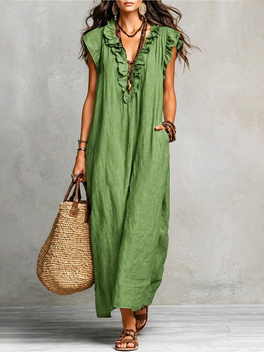 Casual Solid Color Sleeveless Arabian Dress, Made Of Deep V-Neck, Ruffle Hem And Long Woven Fabric With Pockets Elegant Summer - Green - View 1