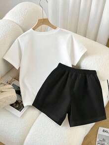 Conjunto casual diario de top de manga corta de cuello redondo de unicolor y shorts con cordón en la cintura para mujer - Blanco - Ver 2