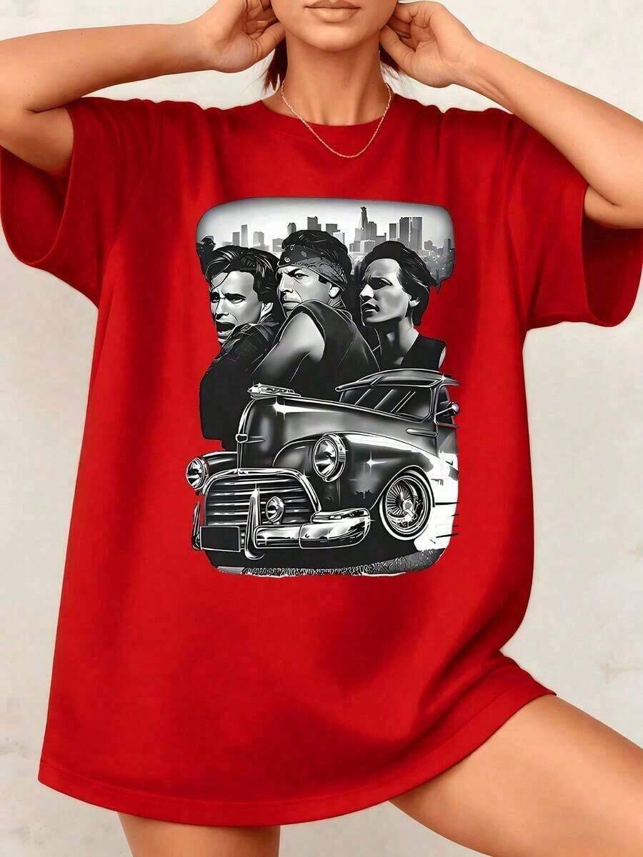 GiftT-Shirt Casual Loose Fit, Women's Tank Top With Classic Car Graphic Print, Retro Style, 100% Cotton, Crew Neck, Comfortable, 1 Piece. Excellent Gifts For Friends And Family, Urban Fashion, Suitable For Daily Wear, Urban Style, Women's Tank Top. Soft - 紅色的 - 查看 1