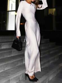 Elegant Acetate Dress Spring 2026, Long Sleeves, Bow At Back - White - View 4