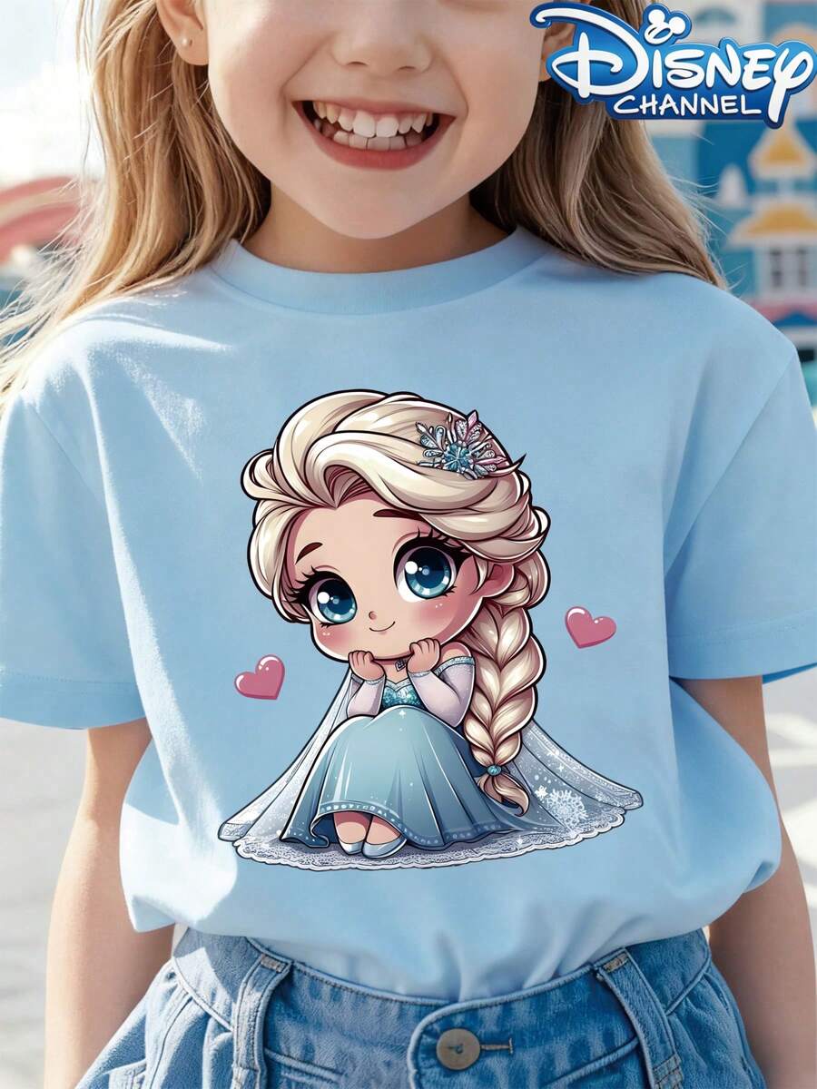 [Authorized] Frozen Princess Elsa Print Disney Girls' Summer Round Neck Casual T-Shirt Children's Clothing, Slightly Stretchy Fabric, Suitable For Birthday Gifts, Suitable For Daily Sports And Travel, Summer Girls' T-Shirts - Màu xanh nhạt - Xem 1