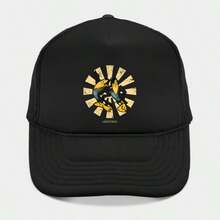 Distressed Retro Sunburst Twin‑Bird Cartoon Trucker Hat, Aged Cream‑Tone Radial‑Ray Background With Playful Yellow‑Beaked Bird Duo Silhouette In Dynamic Dancing Stance, Black Breathable Mesh Cap, Nostalgic Old‑School American‑Cartoon Headwear, Casual Accessory For Vintage‑Animation Fans, Retro‑Sunburst Enthusiasts And Worn‑Texture‑Graphic Collectors - màu đen - Xem 1