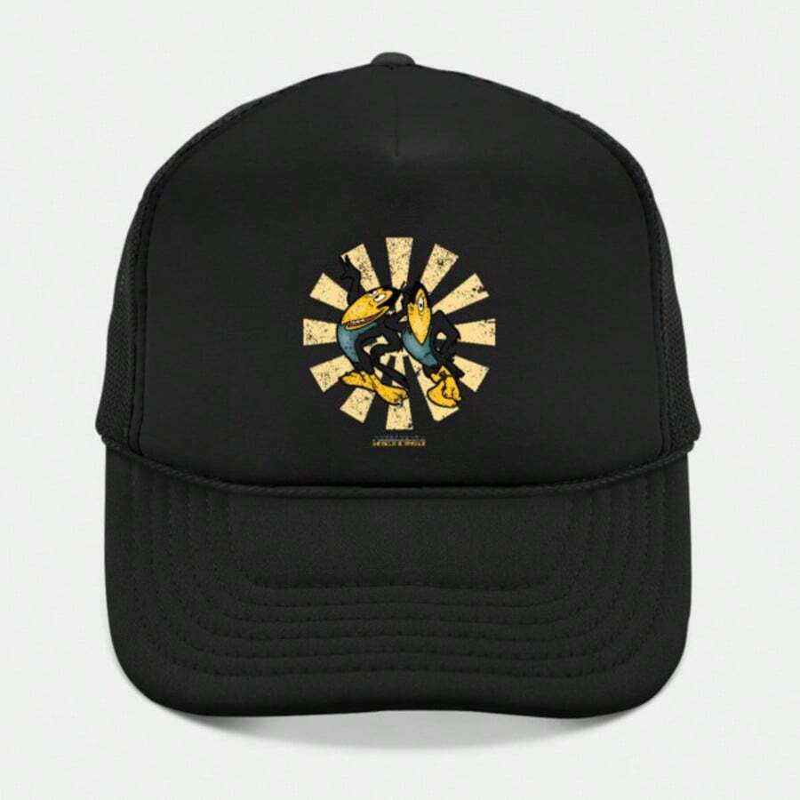 Distressed Retro Sunburst Twin‑Bird Cartoon Trucker Hat, Aged Cream‑Tone Radial‑Ray Background With Playful Yellow‑Beaked Bird Duo Silhouette In Dynamic Dancing Stance, Black Breathable Mesh Cap, Nostalgic Old‑School American‑Cartoon Headwear, Casual Accessory For Vintage‑Animation Fans, Retro‑Sunburst Enthusiasts And Worn‑Texture‑Graphic Collectors - màu đen - Xem 1