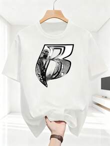 Men's Casual Style T-Shirt With Basketball Player Print, Summer Sports Enthusiast Clothing, Gift For Men. - 白色 - 查看 1