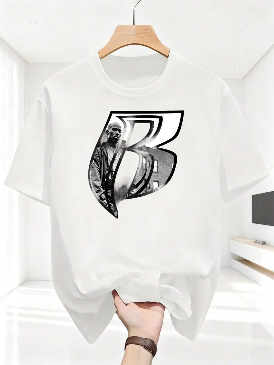 Men's Casual Style T-Shirt With Basketball Player Print, Summer Sports Enthusiast Clothing, Gift For Men. - 白色 - 查看 1