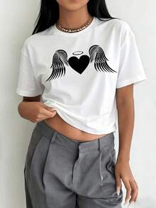 Women's Casual Sports T-Shirt With Angel Wings And Heart Design In Black - White Elastic Round Neck T-Shirt, Machine Washable, Comfortable Fit And Suitable For All Seasons. - 白色 - 查看 1