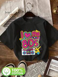 | Exquisite Design | Loose And Comfortable | Easy To Match | Women's Summer Clothes Retro 80s Style With Artistic Elements, English Font Lettering, "I Love The 80s" Print, Pure Cotton Crew Neck Short Sleeve T-Shirt - 黑色 - 查看 1