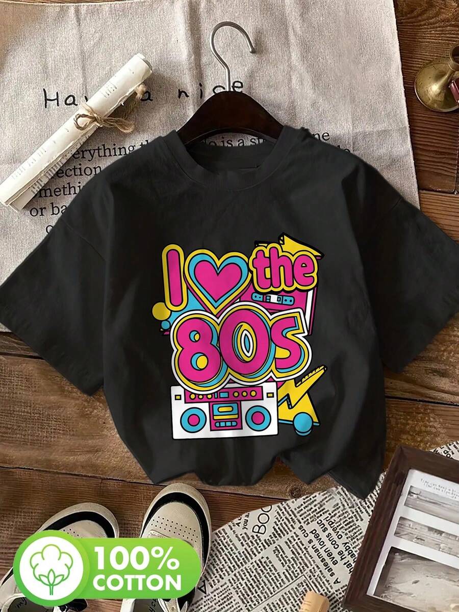 | Exquisite Design | Loose And Comfortable | Easy To Match | Women's Summer Clothes Retro 80s Style With Artistic Elements, English Font Lettering, "I Love The 80s" Print, Pure Cotton Crew Neck Short Sleeve T-Shirt - 黑色 - 查看 1