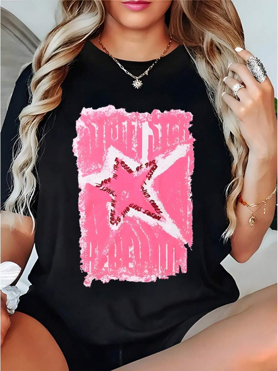 New Fashionable Women's Crew Neck T-Shirt, Cotton, Black T-Shirt For Women With Pink Star Print | Casual American Urban Style T-Shirt, Loose Fit, Made Of Soft And Stretchy Fabric, With A Crew Neck, Short Sleeves, Fun Design, Comfortable Stretch Fit, Machine Washable, Suitable For Everyday Wear And Casual Wear. Plain White T-Shirt, Versatile Design For Summer. - 黑色 - 查看 1