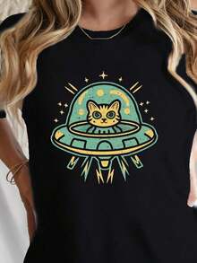 Casual Short Sleeve T-Shirt With Alien Cat Print For Spring And Summer, Women's Clothing, Round Neck, 100% Cotton, Soft Fabric, Short Sleeve - 黑色 - 查看 5
