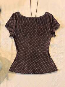 Camiseta casual y versátil de uso diario con estampado de lunares y detalle de nudo para mujer - Café integral - Ver 2