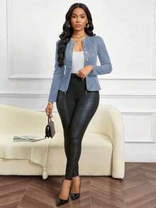 Lady Chaqueta abierta con detalles de botones en ante negro para otoño/invierno - Niebla azul - Ver 6