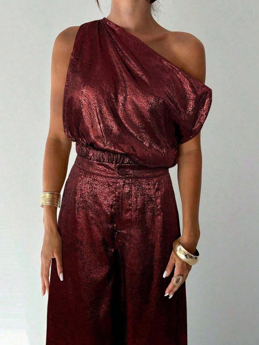 Conjunto de blusa suelta asimétrica sin hombros con baño de oro sin mangas y pantalones de pierna ancha con cintura elástica, adecuado para citas, fiestas, viajes diarios, festivales de música, ceremonias de graduación, atuendos de maestros y ocasiones formales - Burdeos - Ver 1