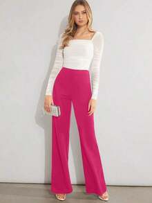 Pantalones de pierna ancha unicolor de talle alto - Rosa Fucsia - Ver 3