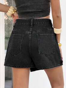 PETITE Short vaquero sexy con bolsillo frontal, cruce de cintura y abotonado para mujer - Negro - Ver 2