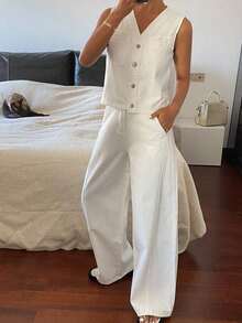 Conjunto casual de mujer con chaleco de mezclilla de frente abierto, ajustado y sin mangas, y pantalones vaqueros rectos y sueltos - Blanco - Ver 2