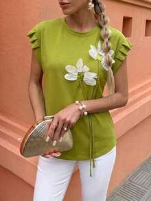 Camiseta de mujer con flores tridimensionales lindas y contrastantes para verano y otoño - Verde militar - Ver 7