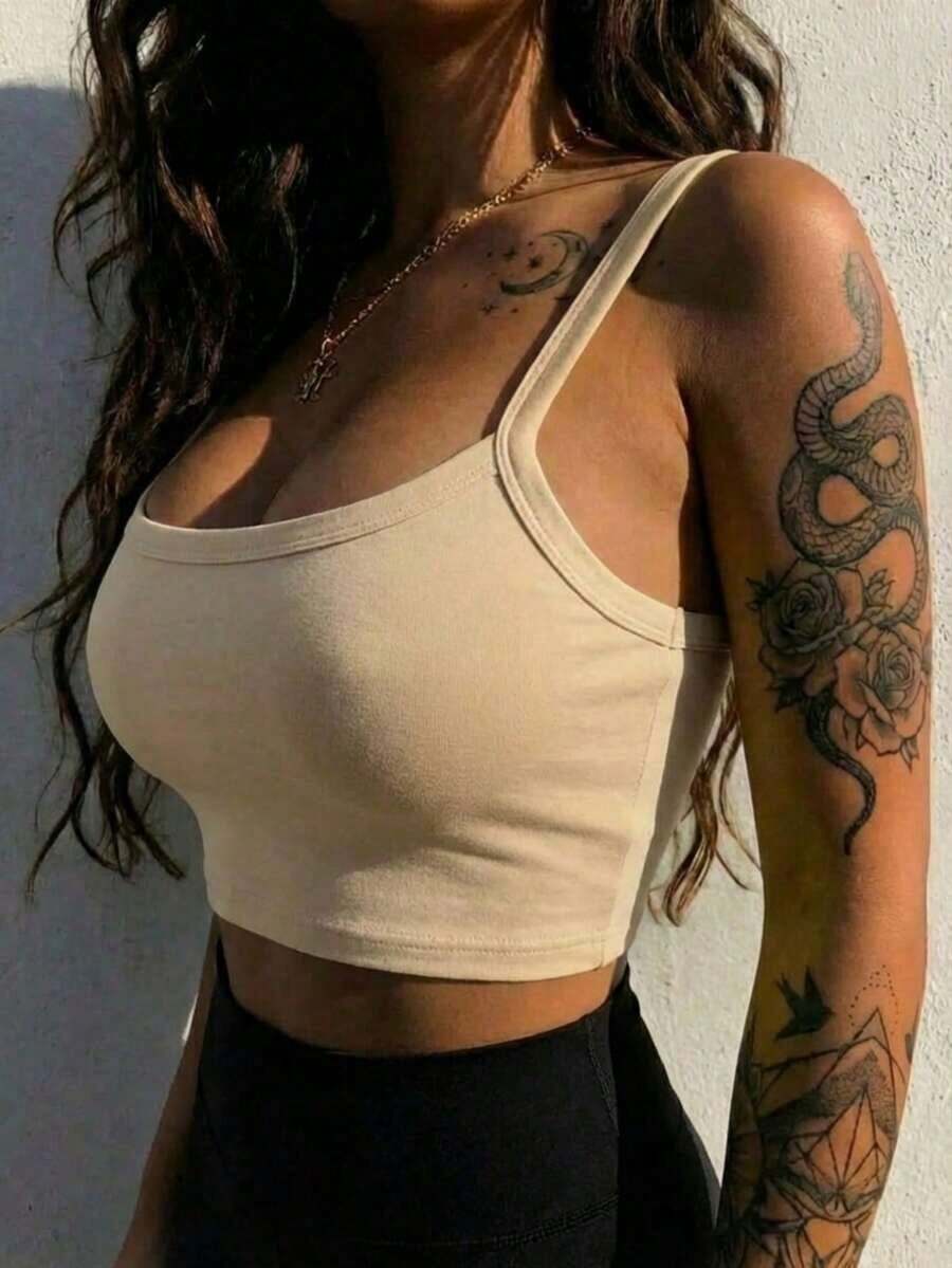 Camiseta corta de tirantes gruesos simple para mujer, adecuada para primavera y verano, estilo casual/streetwear/Y2K, se puede combinar con oficina/hogar/streetwear/discoteca, una opción ideal para blusas casuales de verano en color blanco - Albaricoque - Ver 1