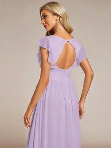 Vestido de dama de honor de gasa, diseño con escote en V plisado de manga corta, espalda abierta drapeada y bajo asimétrico, adecuado para bodas, uso vacacional, vestido de madre de la novia en primavera - Púrpura malva - Ver 2