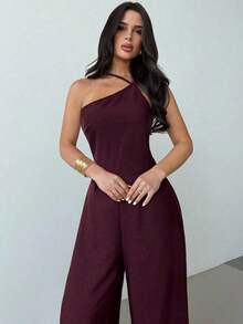 verano nuevo, elegante y minimalista de lino de color albaricoque con espalda descubierta, plisado en la cintura y piernas anchas, para vacaciones, uso diario y todas las estaciones - Burdeos - Ver 6