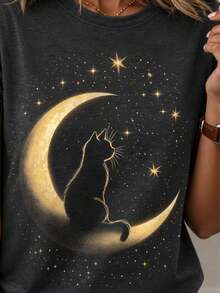 Women's 100% Cotton Casual Unisex Shirt With Cat And Moon Print, Round Neck, Comfortable Summer Style! - 深灰色 - 查看 2