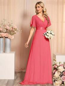 Vestido de dama de honor con cuello en V elegante, mangas con volantes y mariposa, color verde salvia, vestido de invitada de boda, vestido de primavera semi-formal para boda, fiesta de cumpleaños, graduación, Día de San Valentín - Rosado Sandía - Ver 6