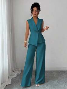 Conjunto de oficina elegante para mujer, compuesto por una chaqueta blazer sin mangas con cuello y bajo asimétrico, con hebilla metálica en la cintura, combinada con pantalones de cintura elástica.Conjunto de 2 piezas elegante para primavera/verano, atuendo formal y de clase para mujer. - Agua verde azul - Ver 4
